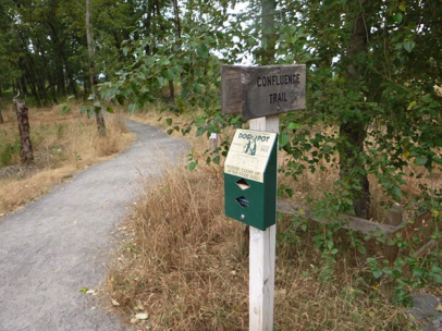 Dog waste bags and Confluence Trail sign – approaching Confluence trailhead
